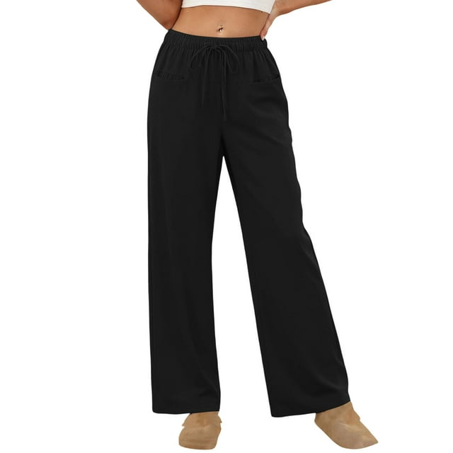 Amzcrzy Pantalones Mujer A Rayas Informales Cintura Alta Cordón Elástico Tipo Bóxer Cómodos Holgados Anchos Con Bolsillos Tallas S-2XL Negro