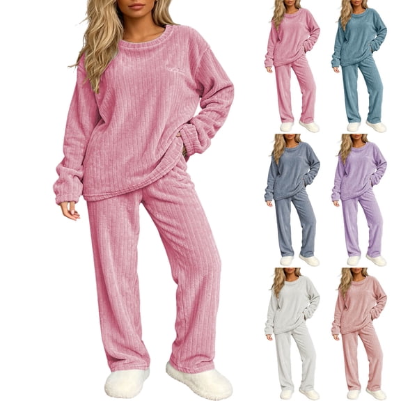 Lounge Set Summer Casual Oversized Shirts Women Fashion Casual Solid Color Round Neck Long Sleeved Long Pants Set for Home Keep Warm Comfortable Homewear Hot Pink Free Size