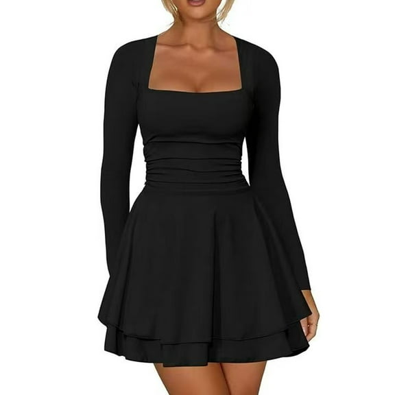 Women's Fashion Long Sleeve,Women's Square Neck Pleated Hem Dress Solid Color Waist Cinched Long Sleeved Dress Black
