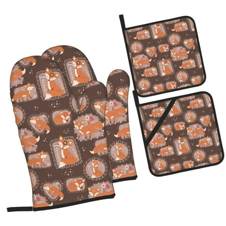 

Balery Beautiful Fox Pattern Oven Mitts and Pot Holders 4 pcs Set Kitchen Oven Glove High Heat Resistant 500℉ Oven Mitts with Non-Slip Silicone Surface