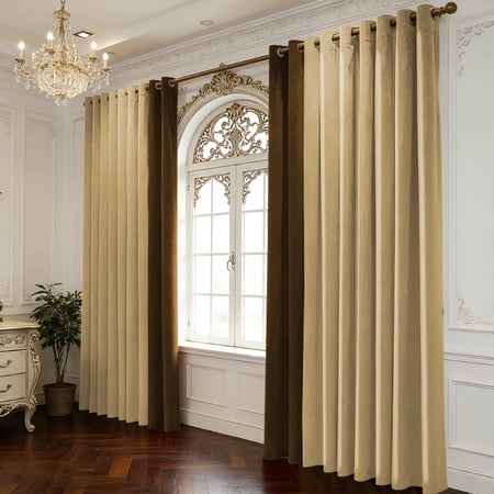 (Set of 2 Panels) Palace Khaki & Brown Luxury Curtain Panels, Grommet Top Heavyweight Velvet Drapes