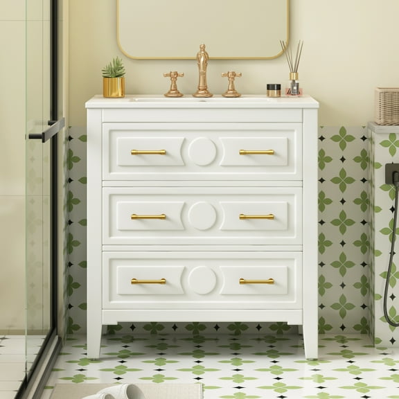Miekor Furniture 30" Bathroom Vanity with Ceramic Sink Combo, Free Standing Single Vanity Set with 3 Drawers, Solid Wood Frame Bathroom Storage Cabinet, White 82385