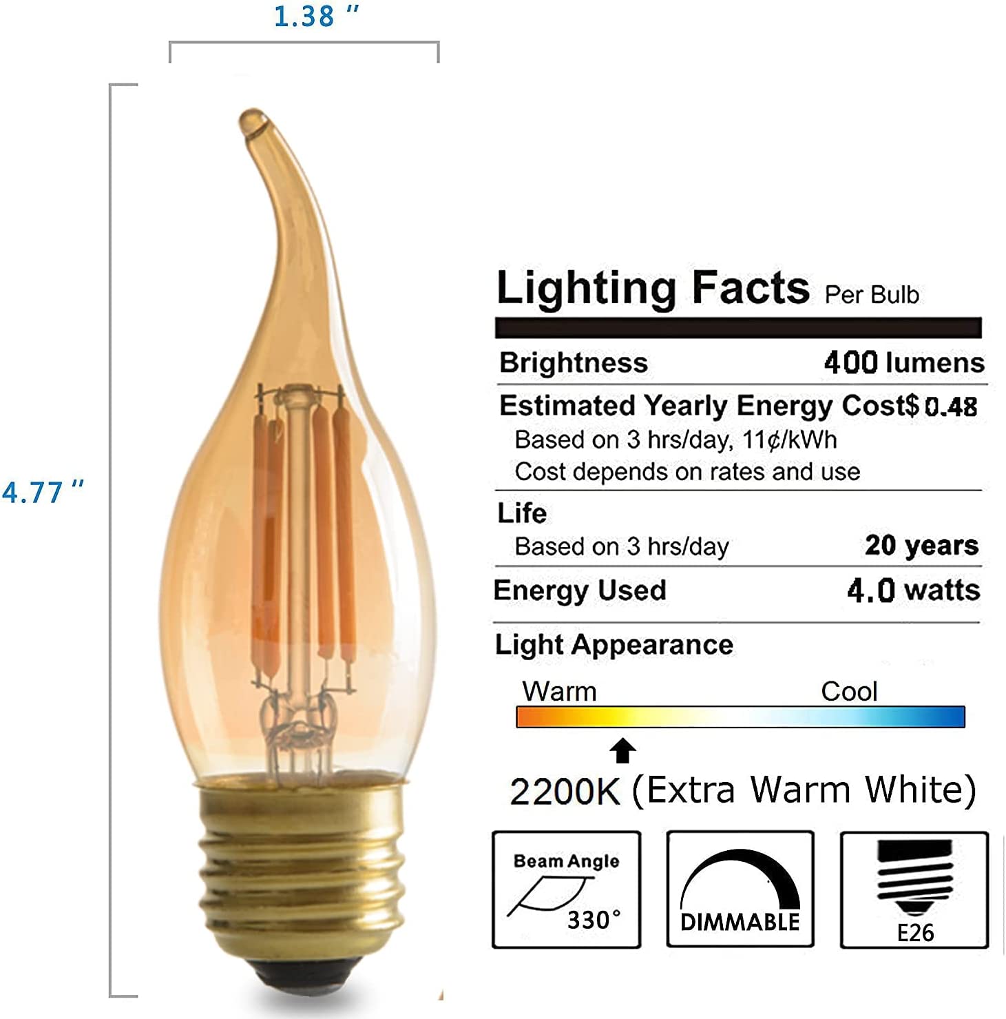 PANLAVIE Vintage LED Filament Bulb, 6-Pack Amber Chandelier Bulbs, 40 Watts Equal E26 Medium Base