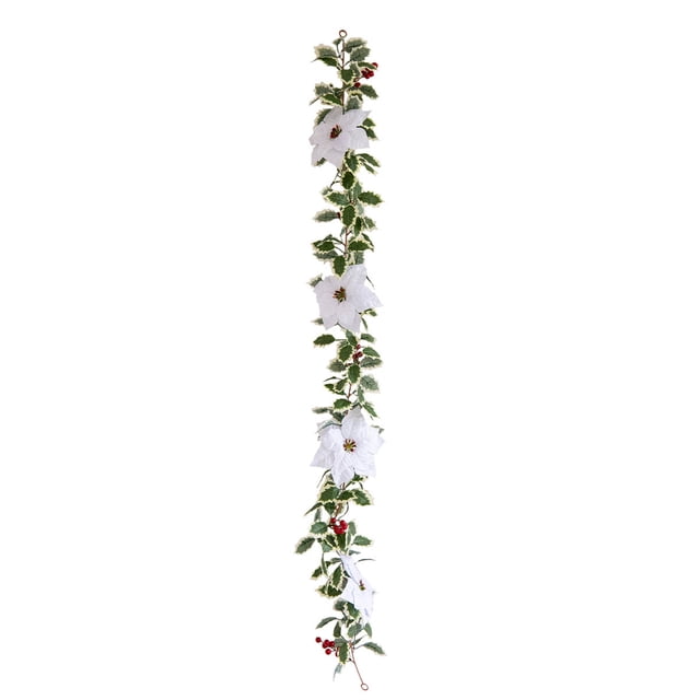Guirnalda de flores de Nochebuena para decoración de chimenea, guirnalda artificial de 1,7 m con bayas rojas, guirnalda de hojas de eucalipto artificial, corona de hojas de acebo reales para barandil