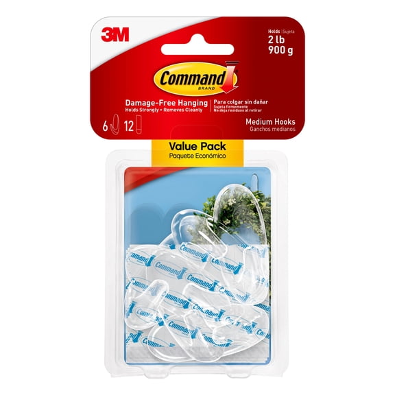 Clear Hooks And Strips, Plastic, Medium, 6 Hooks And 12 Strips/pack | Bundle of 5 Packs
