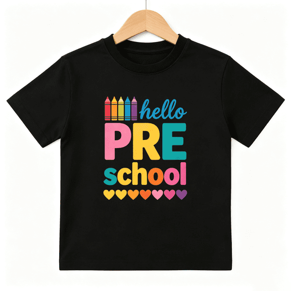 Hello Preschool Crayon Girls Graphic Tee, Cute Back To School 100% Cotton Kids Short Sleeve T-Shirt