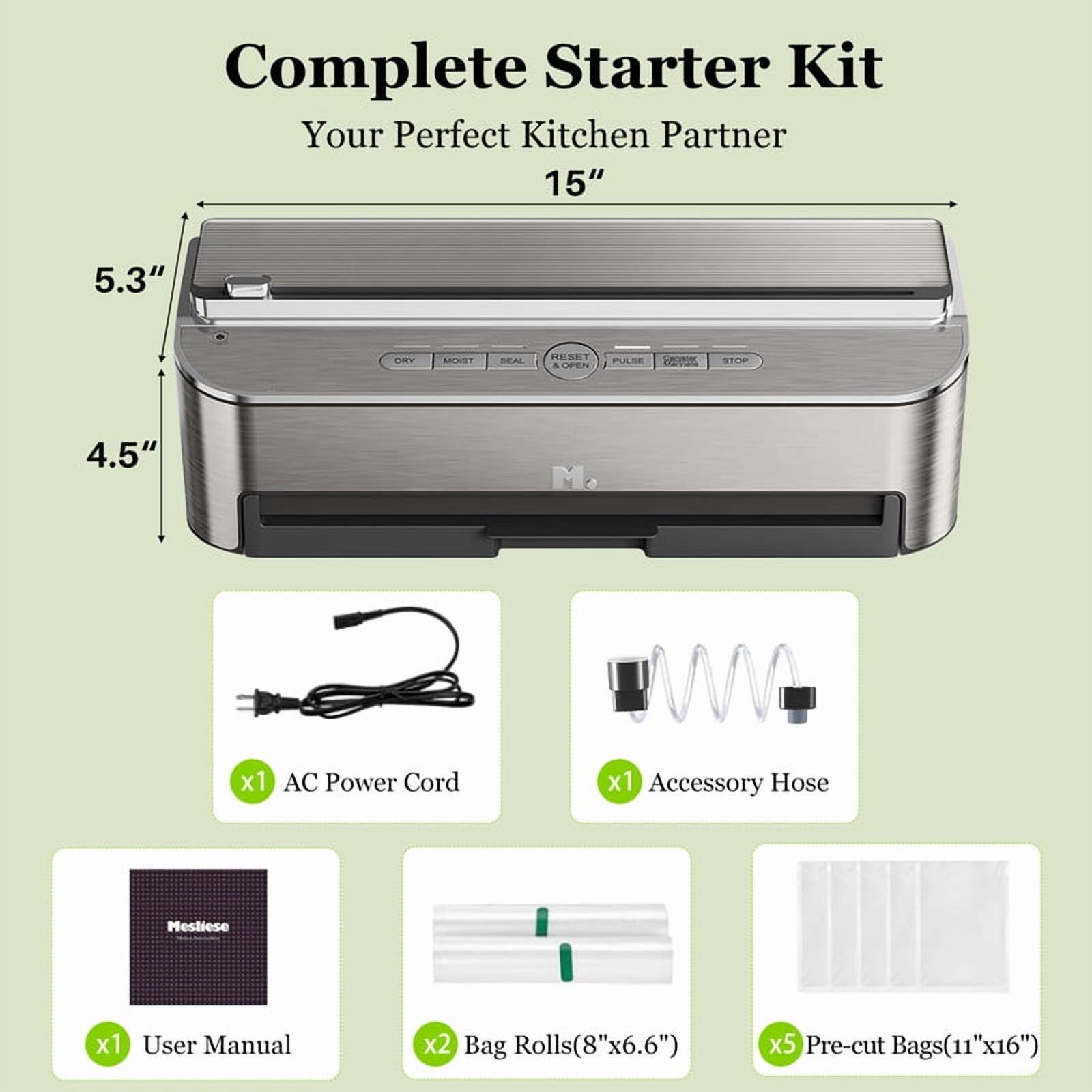 TINKLE WELL Automatic Vacuum Sealer Machine, 120W Powerful Sealing System, Built-in Cutter & Bag Storage, Includes 2 Rolls + 5 Pre-Cut Bags, Moist Mode & Air Suction Hose for Liquid Foods