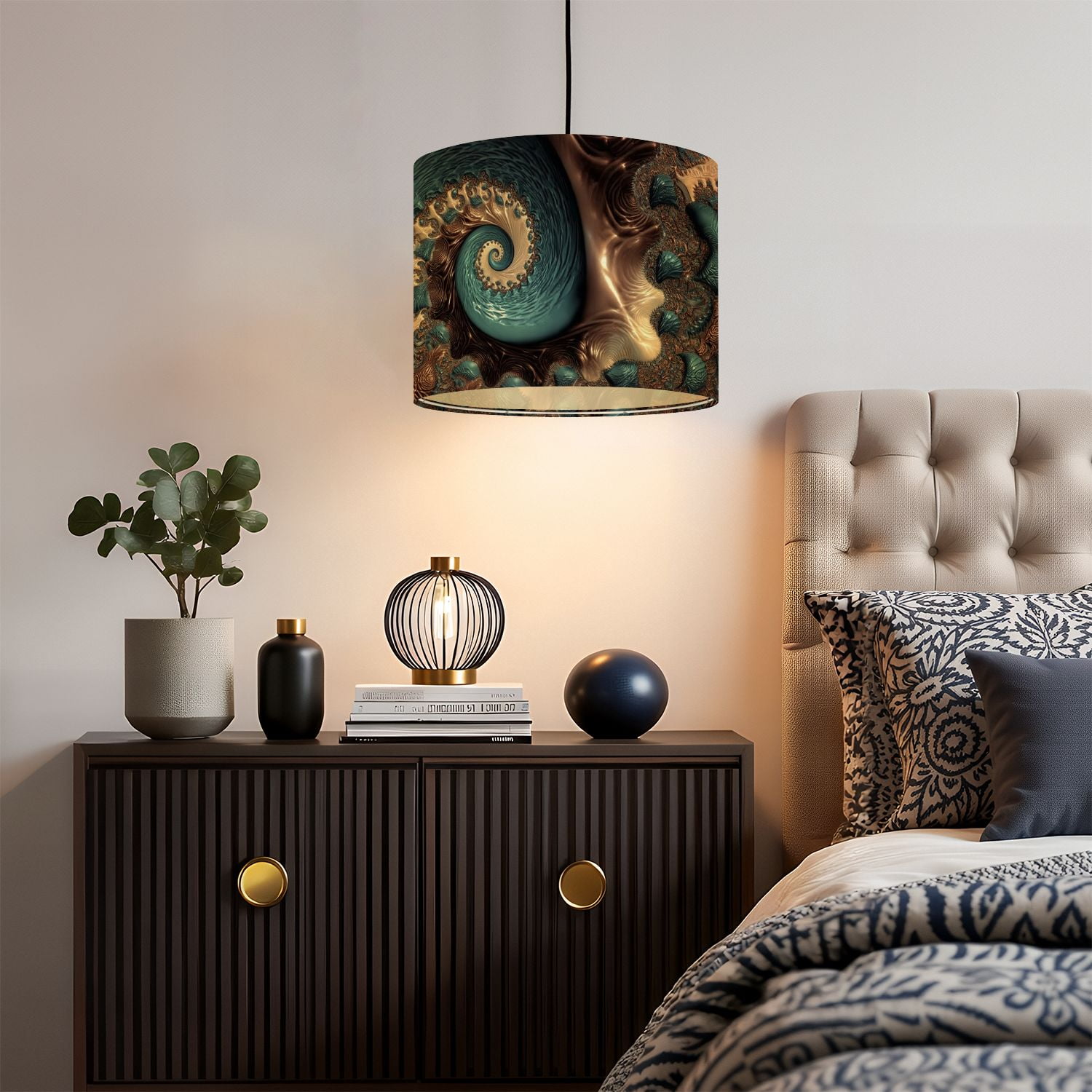 Linen Drum Lampshades Teal Chocolate Swirl Blue Brown Fractal Spirals 13"x13"x10" Light Shade for Table Lamps Floor Lamps Drum Lamp Shades Lampshade Replacement Assembly Required