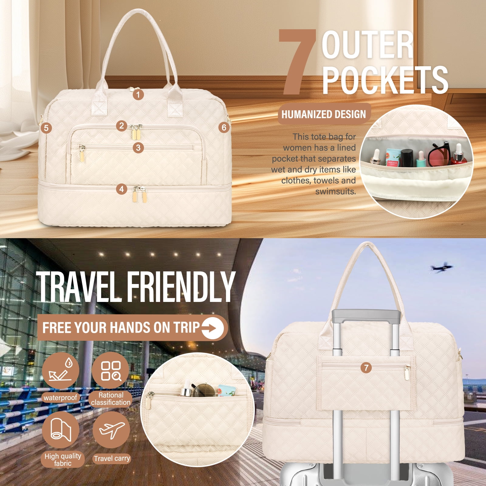 Livhil 2pcs Womens Overnight Bag, Carry on Weekender Bag with Shoe Compartment for Business Trips Sport Hospital, Beige