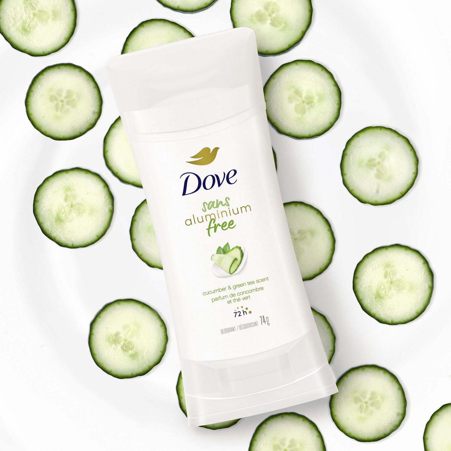 Dove Aluminum Free Déodorant for Women Cucumber & Green Tea Scent for Soft, Comfortable Underarms, 74g