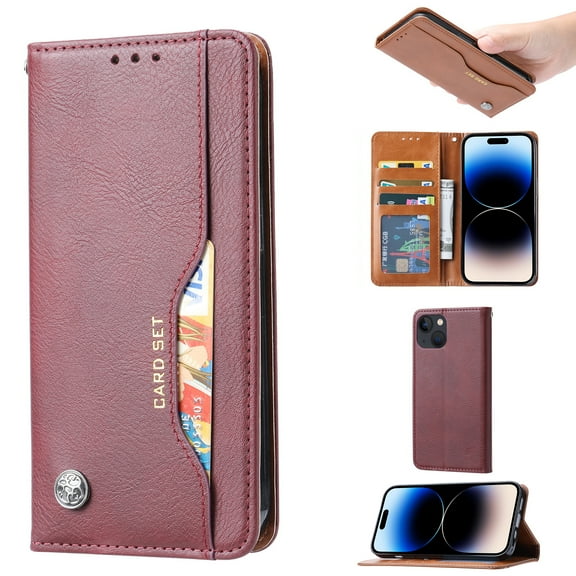 Nalacover Wallet Case for iPhone 15 with Card Slots Holder Kickstand Flip Cover, Premium PU Leather Magnetic Closure TPU Shockproof Full Protection Case, Winered