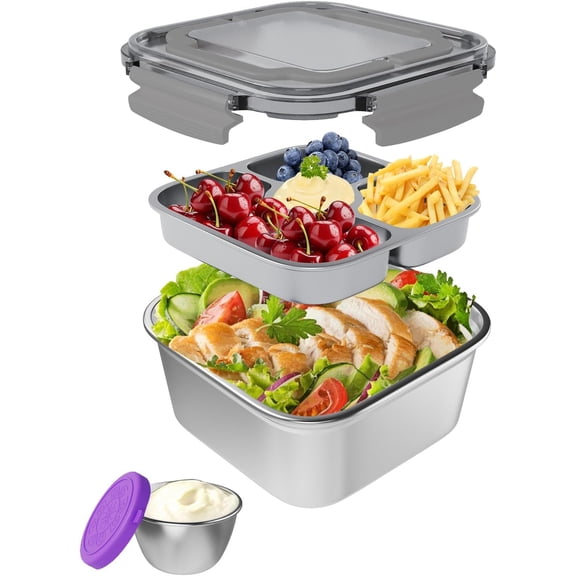 Salad Container for Lunch Large-60-oz,3 Compartment Bento-Style Tray and 1.5-oz Salad Dressings Container,Stainless Steel Food Containers with Lids, Lunch Box, Bento Box (Grey)