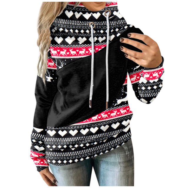 Sudadera con cremallera Gibobby Mujeres Casual Christmas Contraste Splice imprimir mangas largas Pullover correa tops Negro M