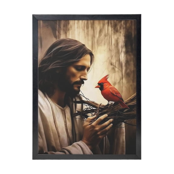 WFSposter Jesus Canvas Wall Art Jesus with Red Bird Bright Red Picture Print Christian God Poster Cardinal and Jesus Picture for Church Prayer Room