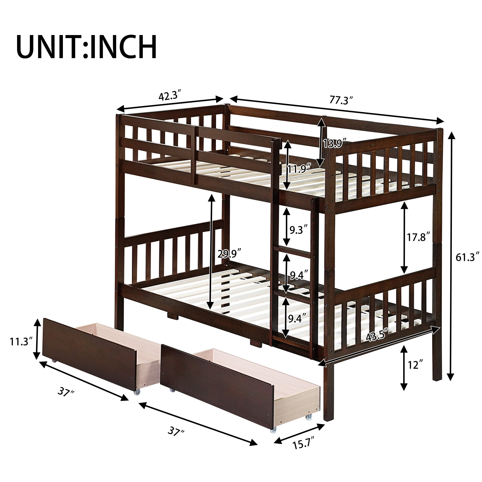 Sailvan Twin Over Twin Rubber Wood Bunk Bed with 2 Drawers, Convertible into 2 Twin Beds