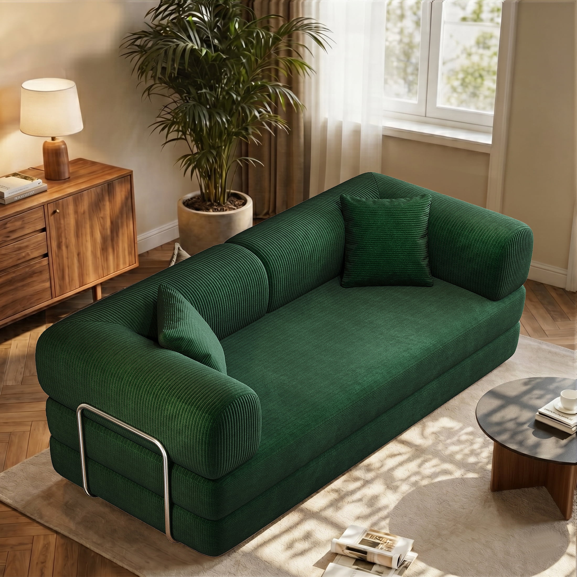 AISWORD Convertible Sleeper Sofa Bed with Cylindrical Pillow, Corduroy Folding Mattress Couch with Fixed-Shape Frame, Floor Sofa Lounge Couch, Green