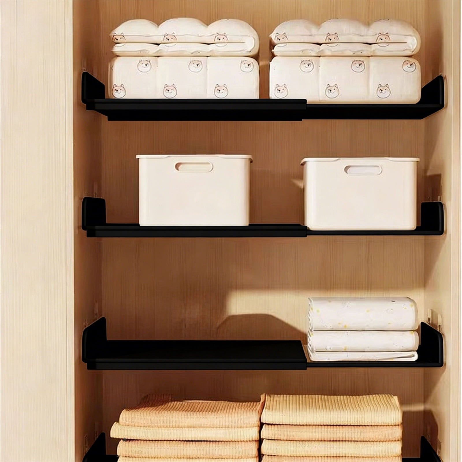 Expandable Shelf Rack Stackable Organizer for Kitchen Bathroom Pantry Countertop Storage (Black-B)