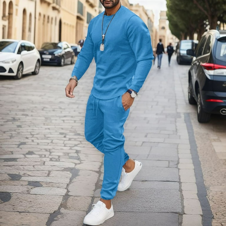 Men Outfits 2 Piece Men 2 Piece Outfits Fall Casual Crew Neck Muscle Long  Sleeve Pullovers And Classic Fit Sweatpant Set Tan Dress Jacket Dress Suits  ...