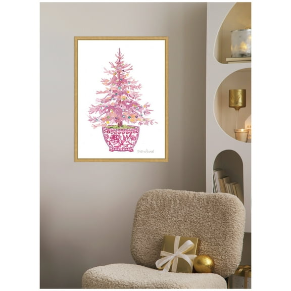 Kate and Laurel Framed Canvas Wall Art Print 'Pink Christmas Tree' by Patricia Shaw, 18 x 24 Sylvie Bright Gold Frame, Whimsical, Holiday Art for Wall Decor
