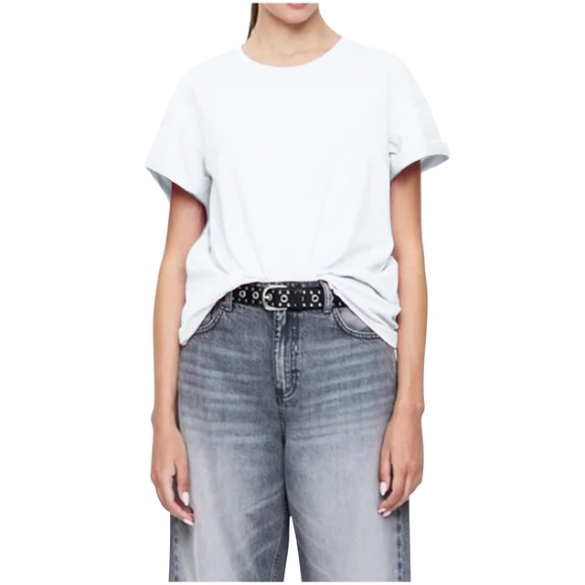 Camisetas de Cuello en V de Algodón de Mujer de Manga Corta de Ajuste Suelto, Camisa de Cuello Redondo de Color Sólido de Moda