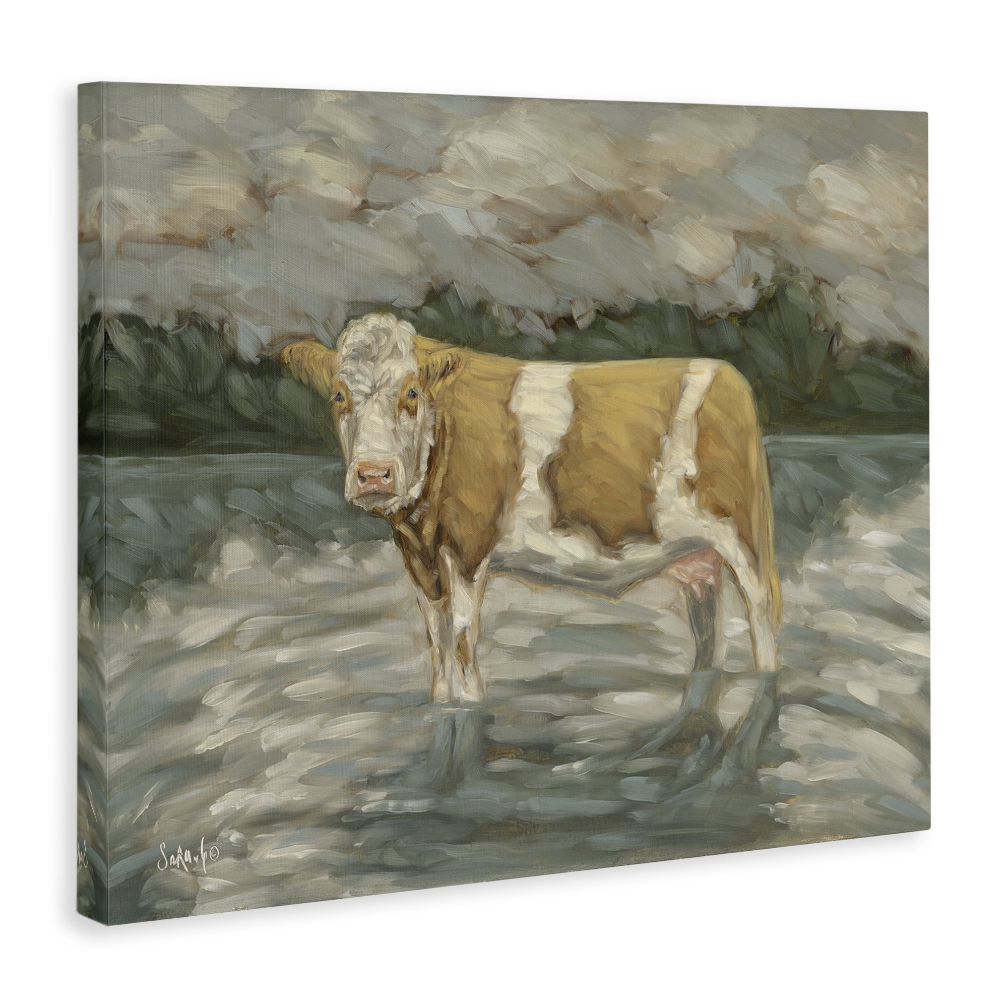 Stupell Industries Cattle Wading in Shore Animals Painting Wrapped Canvas Art Print Wall Art, 20 x 16