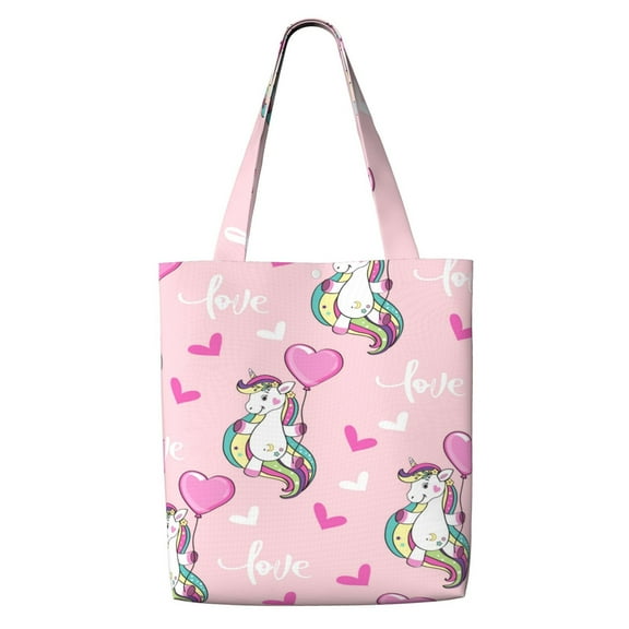 Women Canvas Tote Bag Lady Shoulder Shopping Bag Crossbody Bag Casual Handbag Shopping Work School Beautiful Unicorn Flies Heartshaped Balloon Lettering