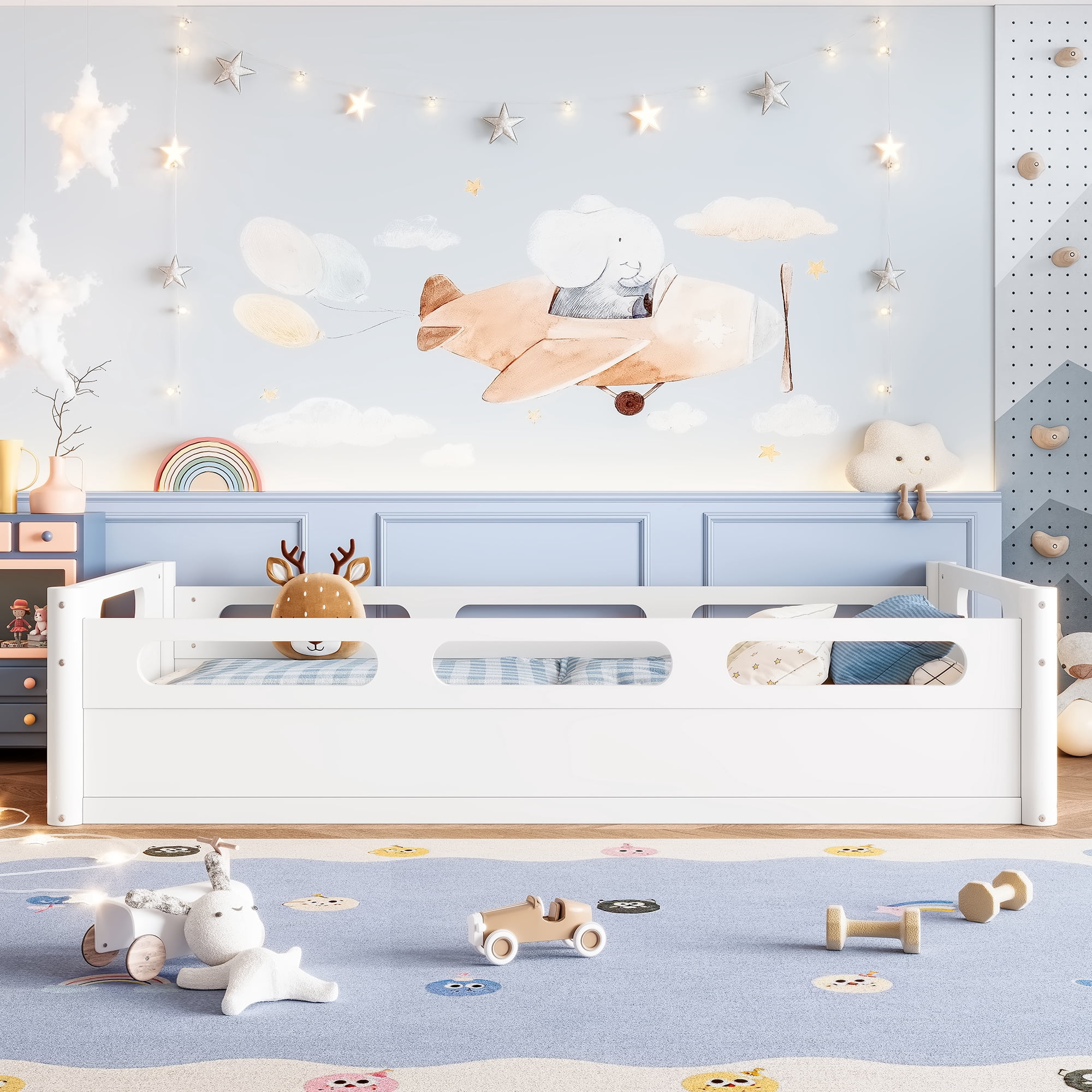 Leumius Twin Size Floor Bed with Full-length Guardrails,Low Profile Montessori Bed Frame,Easy Assembly, No Box Spring Needed,White