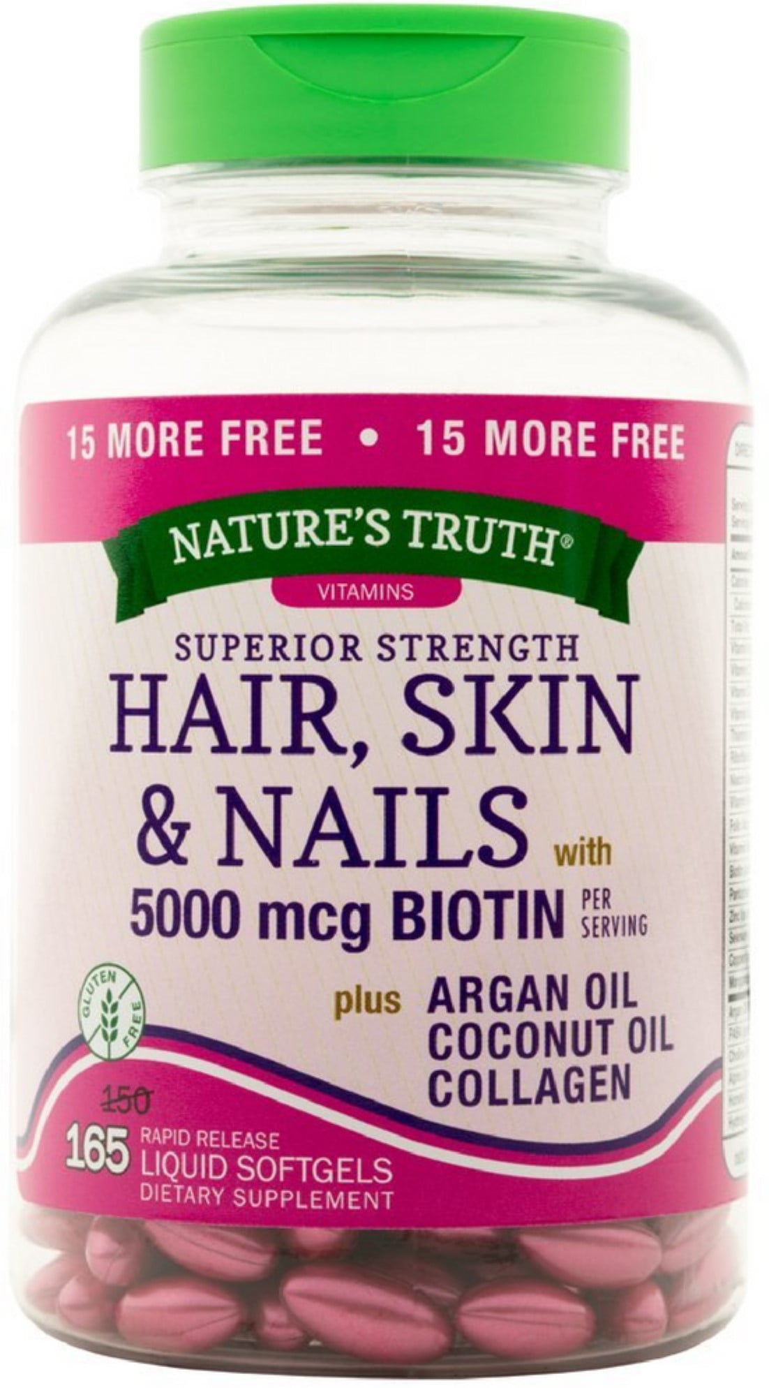 Nature's Truth Superior Strength Hair, Skin & Nails with 5000 mcg Biotin  Liquid Softgels 165 ea (Pack of 2) 