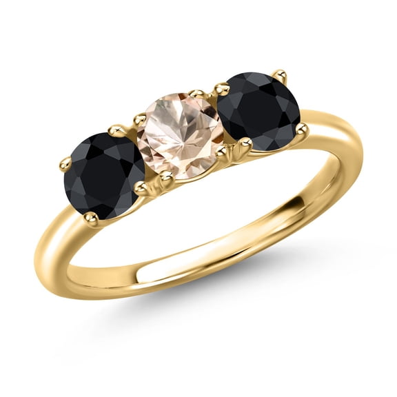 Gem Stone King 18K Yellow Gold Plated Silver Peach Morganite and Black Sapphire Engagement Ring for Women | 1.78 Cttw | Round 5MM | Gemstone October Birthstone | Size 9