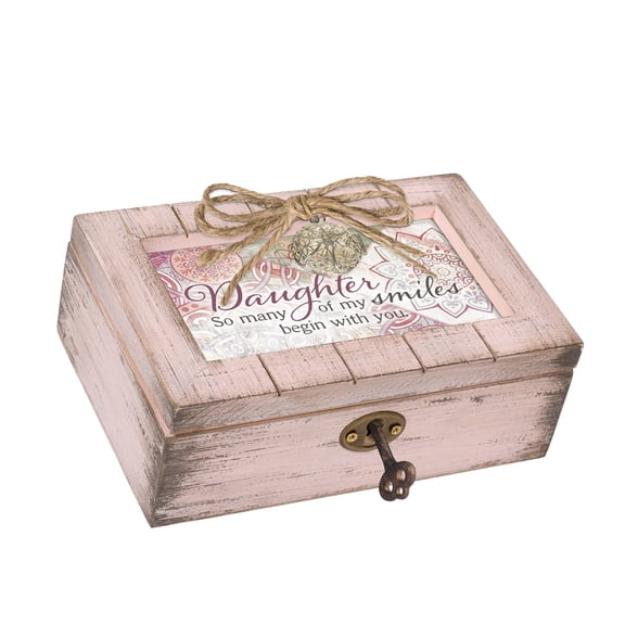 6" Plush Pink and Green Distressed Rectangular "Daughter" Printed Musical Box