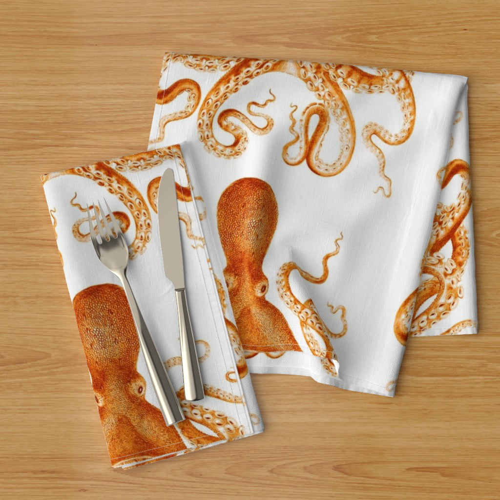 Orange Octopus Nautical Animal Cotton Dinner Napkins by Roostery Set of 2