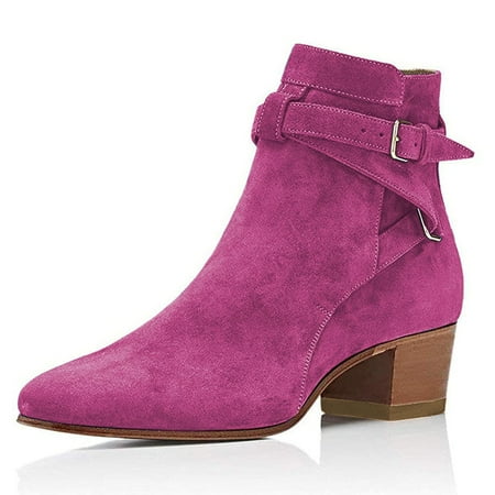 

YDN Women Block Low Heel Suede Cowgirl Boots Pull on Ankle Bootie with Buckle Strap Shoes Size 4 Fuchsia