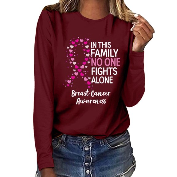 Lolmot Women's Heart Pink Ribbon Graphic Long Sleeve T-Shirts Breast Cancer Awareness Hoodless Sweatshirts Crewneck Pullover Tops