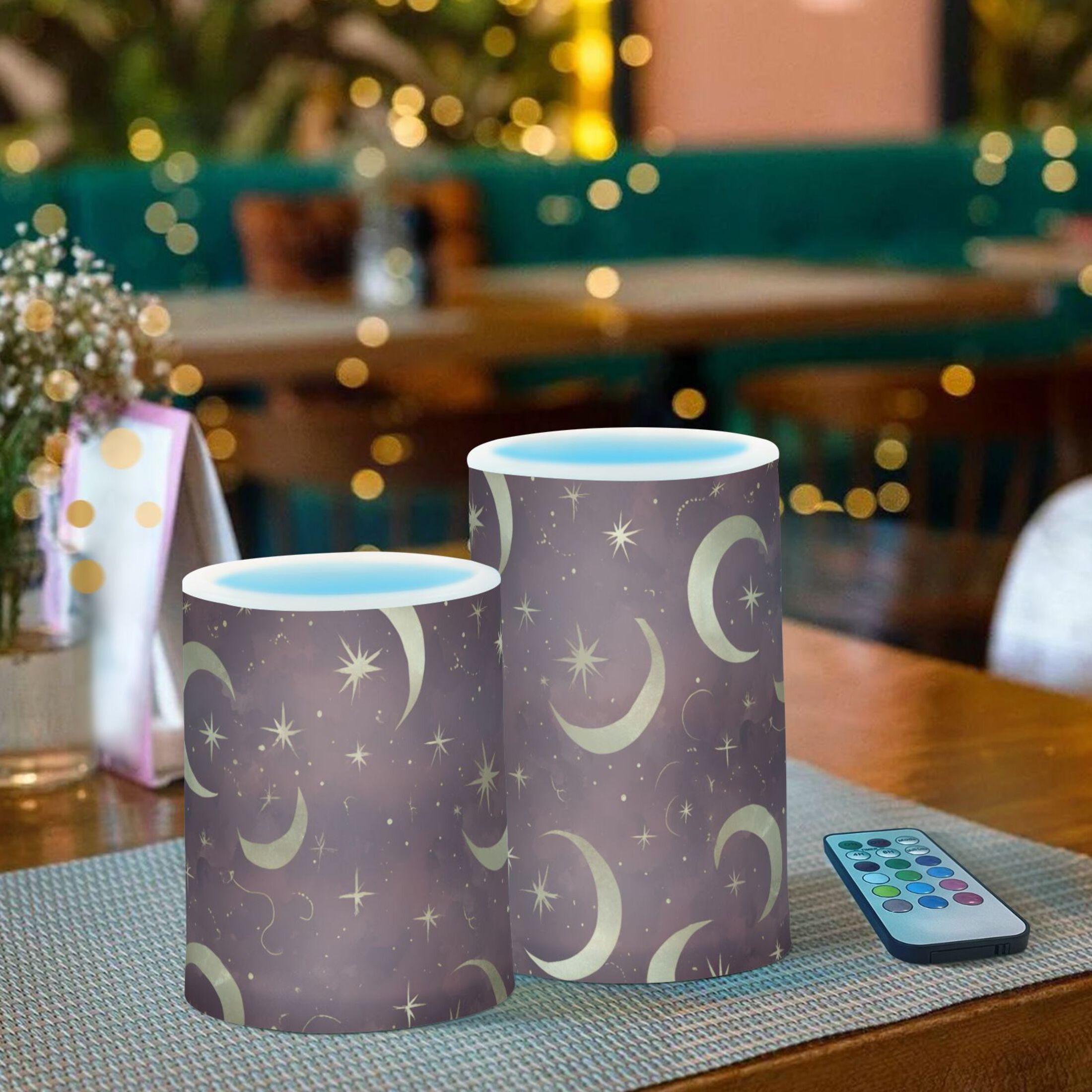 Stars and Moon Flameless LED Candle Set with Remote, Battery Operated Color Changing Pillar Candles, Set of 2