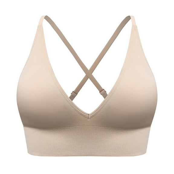 DuoJiaJ V Neck Adjustable Spaghetti Straps Sports Bra for Women Padded Criss Cross Back Yoga Bra Beige