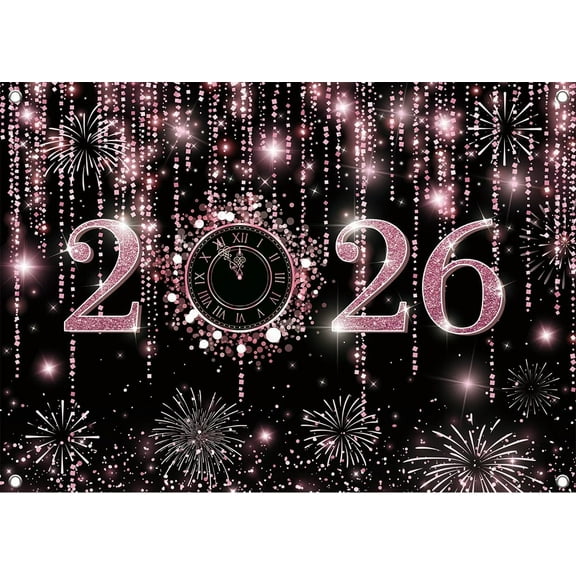 Pink Happy New Year Backdrop Pink Glitter Fireworks New Year Photography Background 2026 New Years Eve Party Decorations Banner Supplies Photo Booth Props