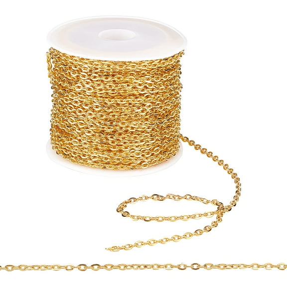 Genreen 32 ft 3x2.2x0.6mm Necklace Chains Golden Iron Cross Chains Link Flat O-Shaped Cable Chains Craft Chain for DIY Necklace Bracelet Making.