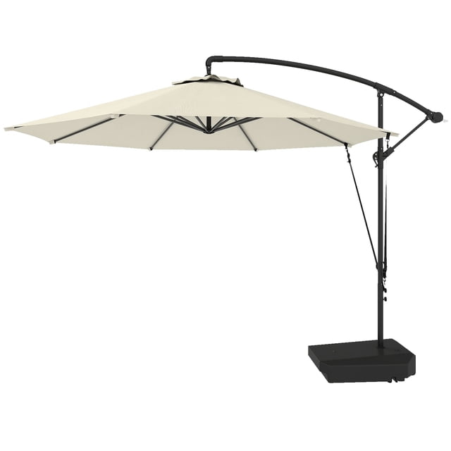 Parasol Déporté de Patio 10 Pi avec Base à Roulettes Remplissable, Sangles Coupe-Vent et Housse, Protection UV UPF 50+, Rotation à 360°, Parasol en Polyester Blanc Crème pour Jardin et Terrasse