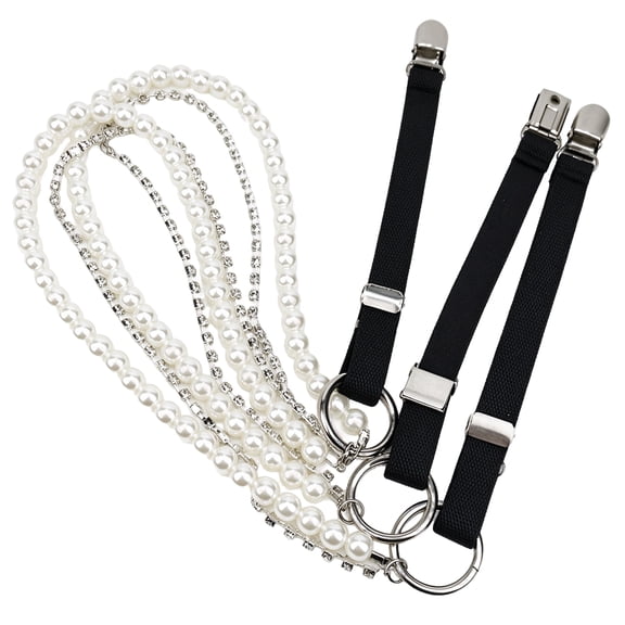Women Pearl Suspenders Adjustable Elastic Braces Fashion Rhinestone Chain Y-Shape Suspender Belts for Lady, with 3 Metal Clips, White Pearl Design