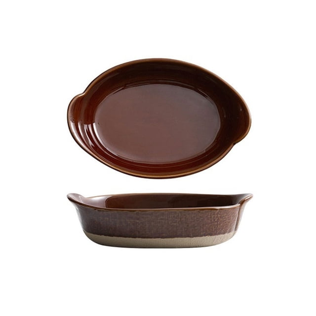 Ceramic Double Ear Retro Cheese Baked Rice Plate Creative Salad Bowl Household Deepening Plate Rough Ceramic Tableware