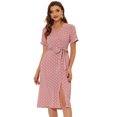 thumbnail image 1 of INSPIRE CHIC Women's Polka Dots Button Decor V Neck Split Belted Dress Pink L, 1 of 5