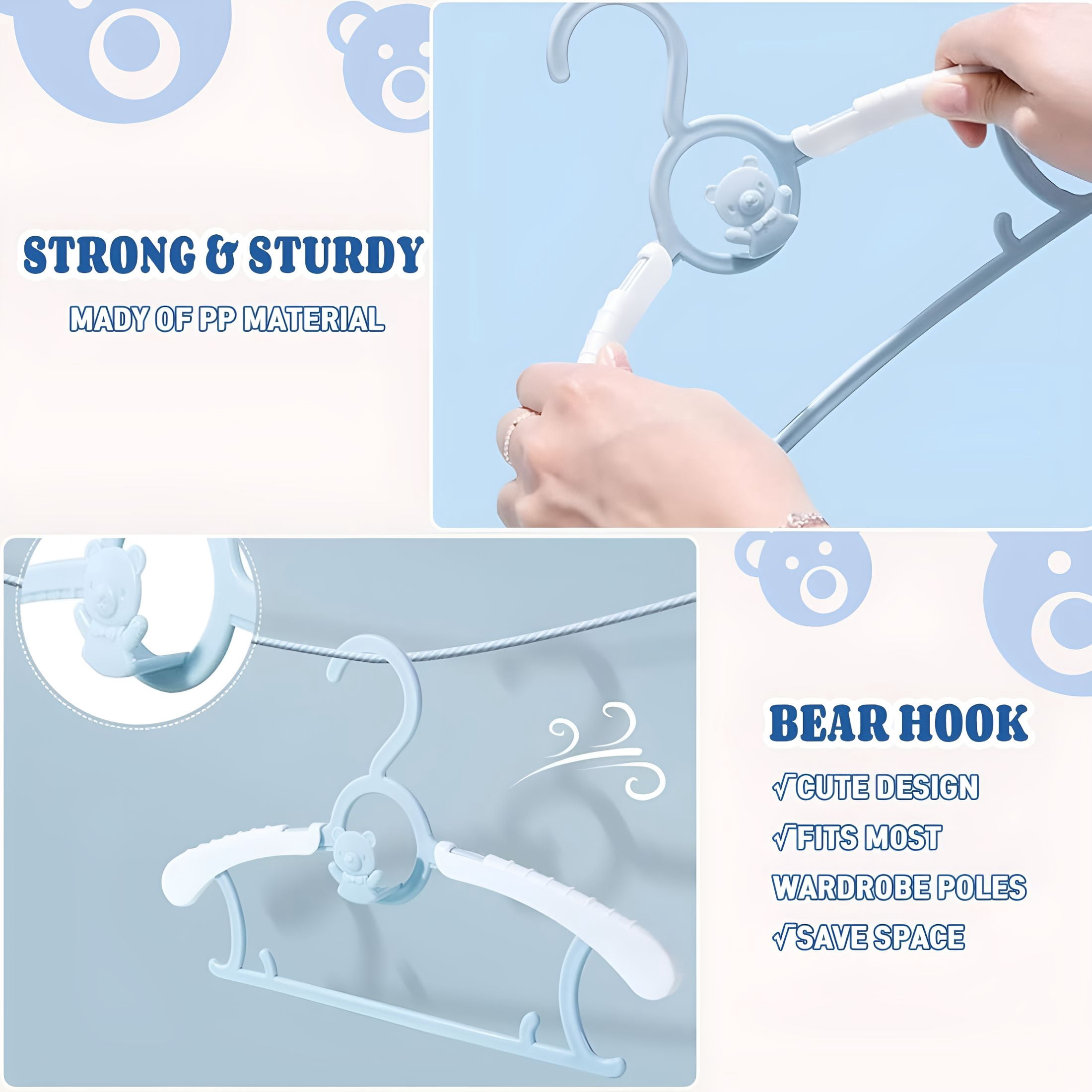 XIBUFE Kids Hangers Adjustable Plastic Baby Boy Hangers 20 Pack,Toddler Bear Hanger for Children'S Clothes Sweaters,Infant Hangar for Closet with Non-Slip Shoulder Grooves&Pants Bar,Blue