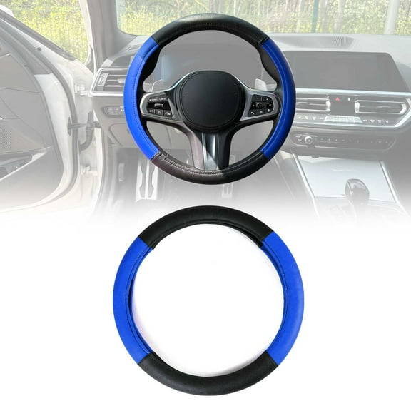 OMAC 14.5-15.5’’ Steering Wheel Cover Blue Black Leather Anti-Slip Breathable