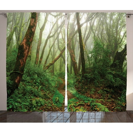 Farm House Decor Curtains 2 Panels Set, Spooky Tropical Exotic Fog Jungle In Rainforest In Nepal Asian Climate Picture Print, Living Room Bedroom Accessories, By