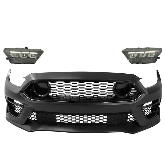 Ikon Motorsports Front Bumper Cover Compatible With 2015-2017 Ford Mustang EcoBoost & GT Mach 1 Style PP Primer Black Front Bumper Conversion With Grills Fog Covers 2024 Style LED Headlights