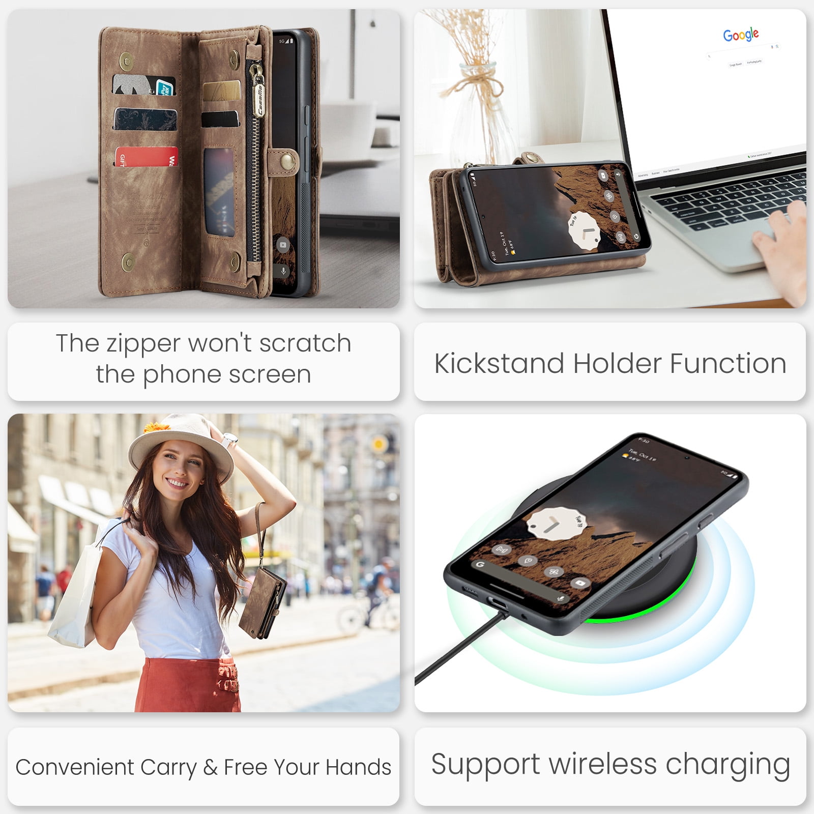 Feishell Durable 2- In-1 Magnetic Detachable Wallet Case for iPhone 16,for Women Men,Premium PU Leather Zipper Pocket Flip Multi Card Slots Purse Phone Case with Wrist Strap,Darkbrown