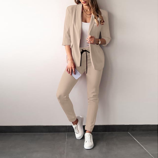 Womens Business Work Suit Set 3/4 Sleeve Open Front Blazer with Slim Fit Suit Pants Basic Office Formal Suit Sets