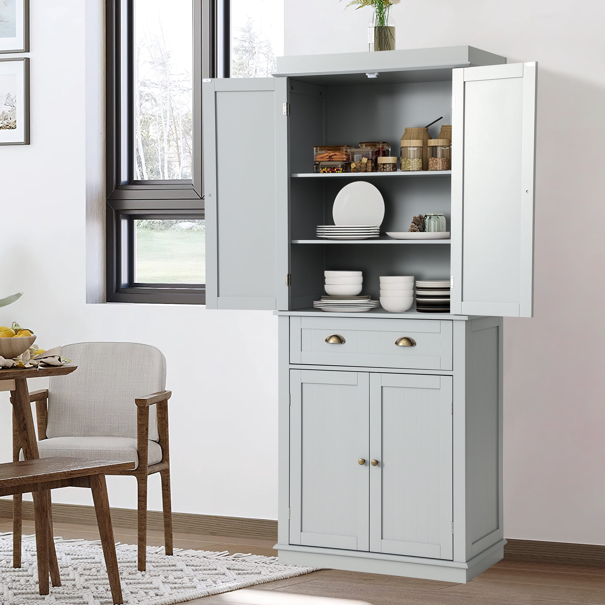 KIGOTY 72'' Tall Kitchen Pantry with 4 Doors, Large Drawer,Adjustable Shelf, Pantry Storage Cabinet for Dining Room Living Room, Kitchen,Grey