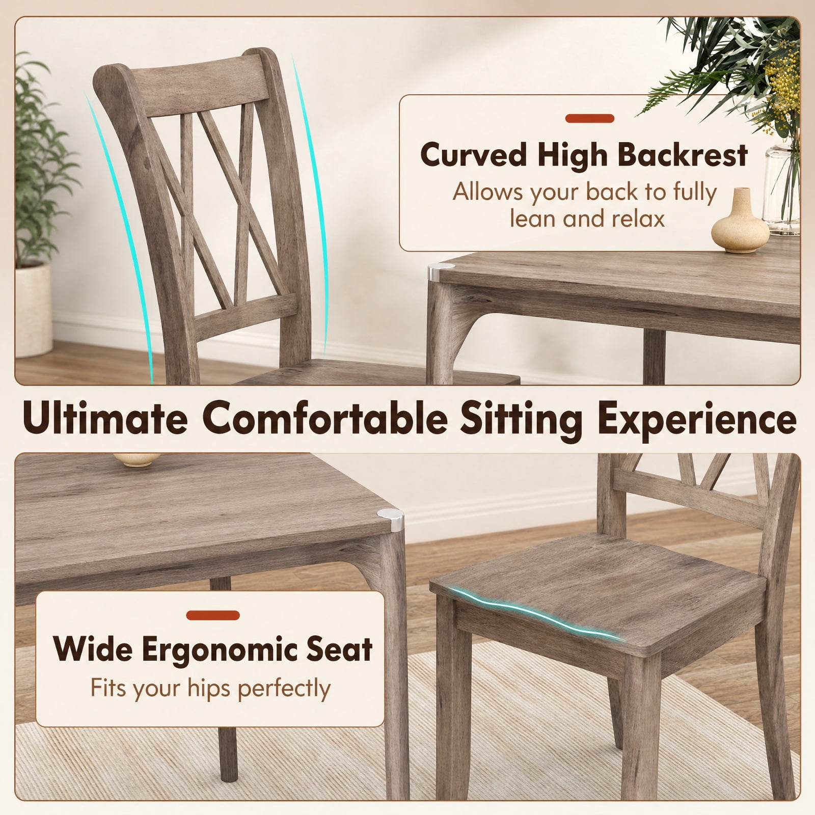 Furnibear Mid Century Wooden Dining Chairs Set of 2 with High Backrest and Solid Rubber Wood Frame for Farmhouse Kitchen, Brown