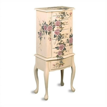 Painted Wide Armoire - Bowery Hill Hand Painted Rose Pattern Jewelry Armoire in White